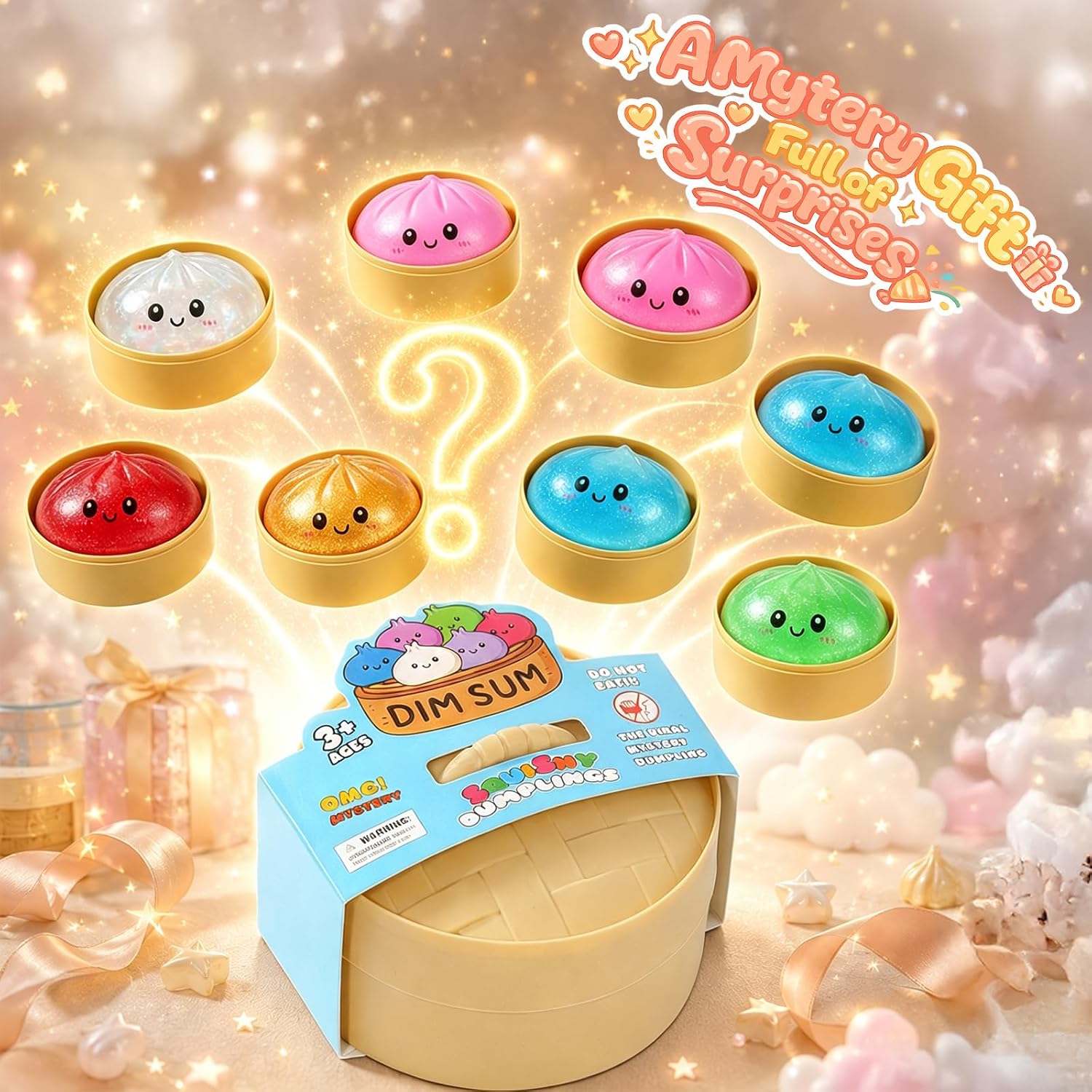 Squishy Dumpling Toy, Dumpling Squishy Mystery Box, Random 1 of 14 Colors, Stocking Stuffers with Food Steamer Stretchy Desk Toy